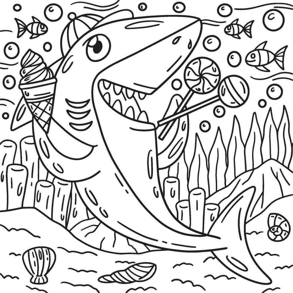 Shark with the Treat Coloring Page for Kids vector