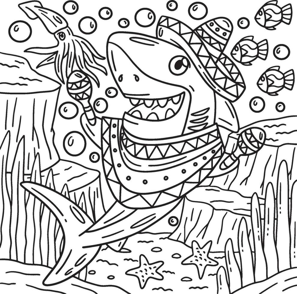 tiburón con sombrero y maracas colorante página vector