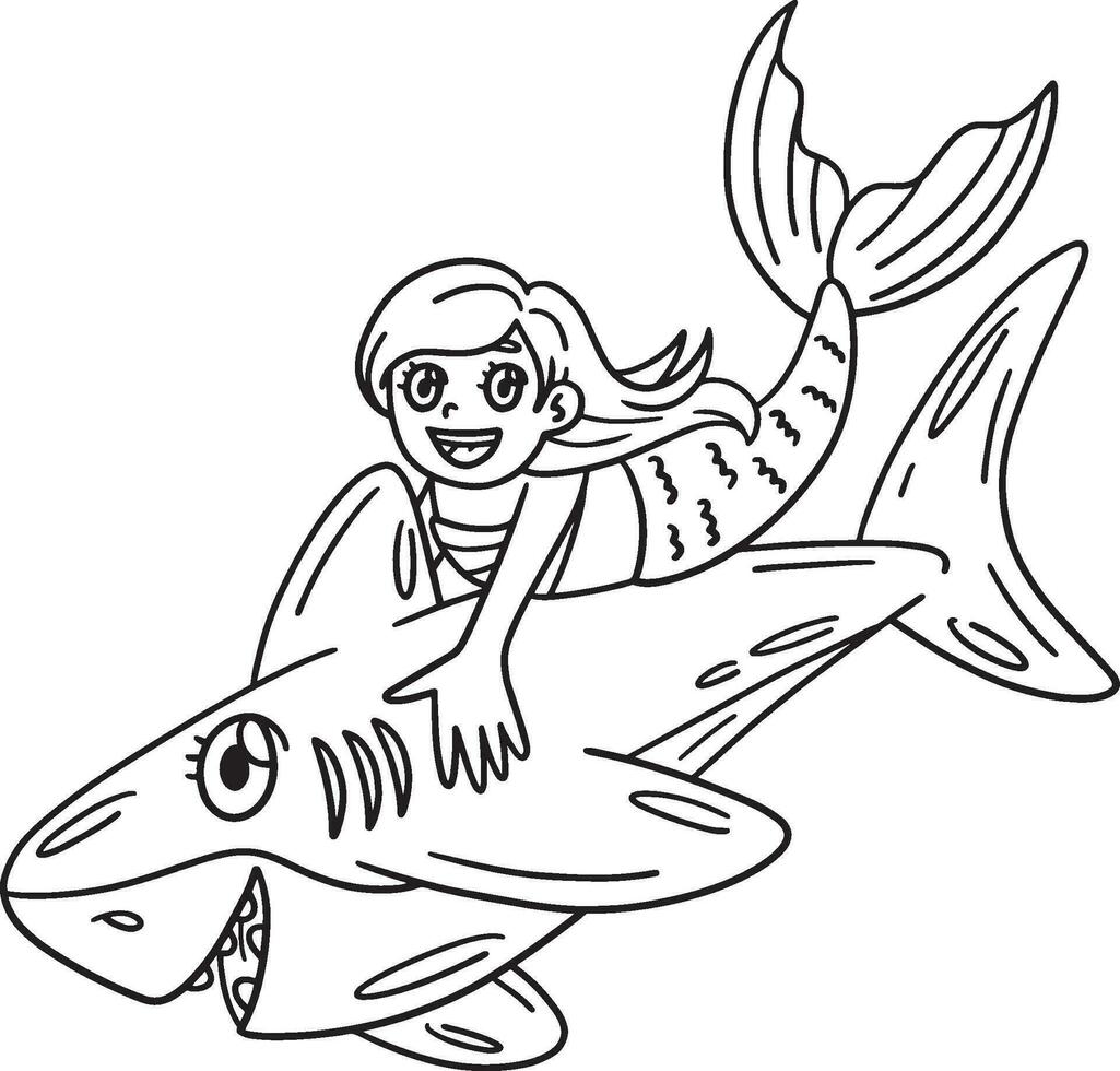 Shark and Mermaid Isolated Coloring Page for Kids vector