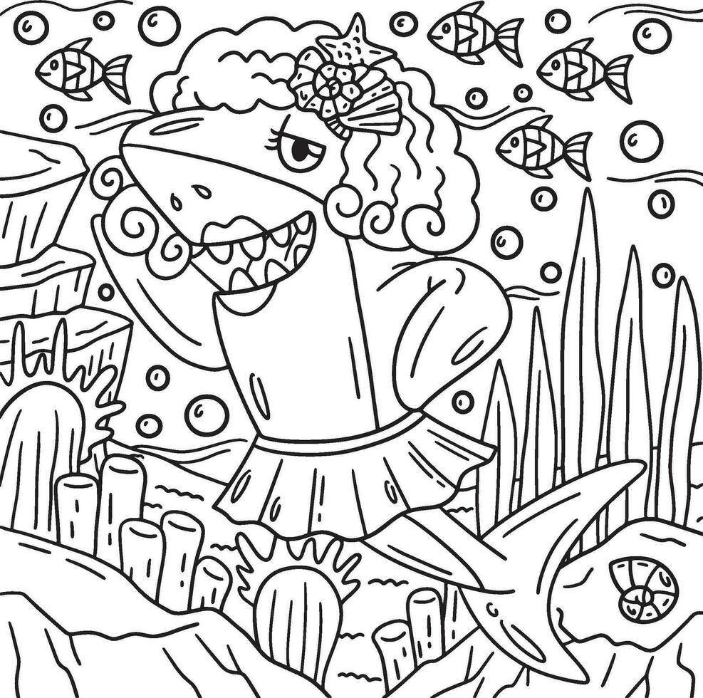 Shark Wearing Wig and Skirt Coloring Page for Kids vector