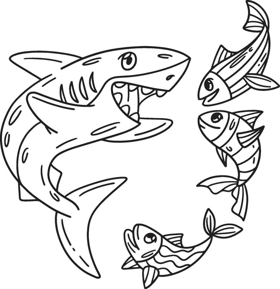 Shark and Fish Friend Isolated Coloring Page vector