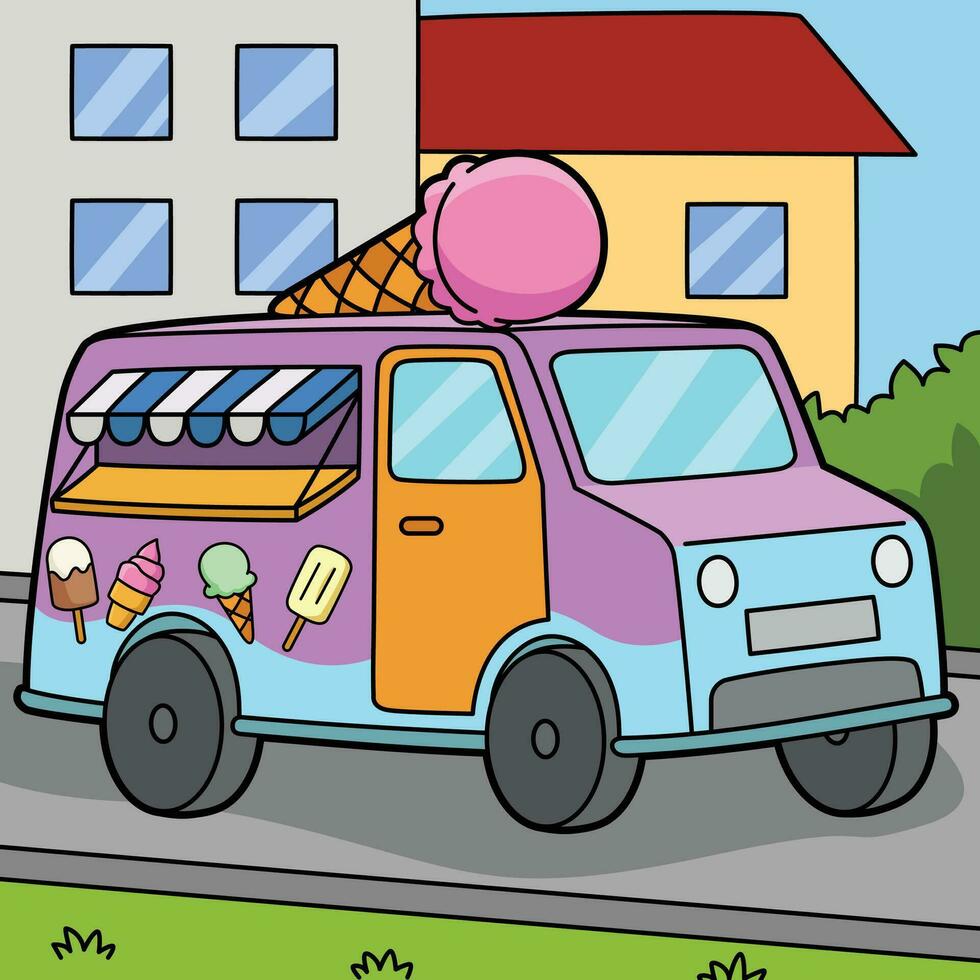 Ice Cream Truck Colored Cartoon Illustration vector