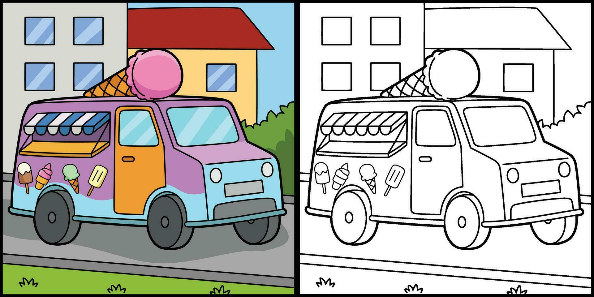 Ice Cream Truck Coloring Page Colored Illustration vector