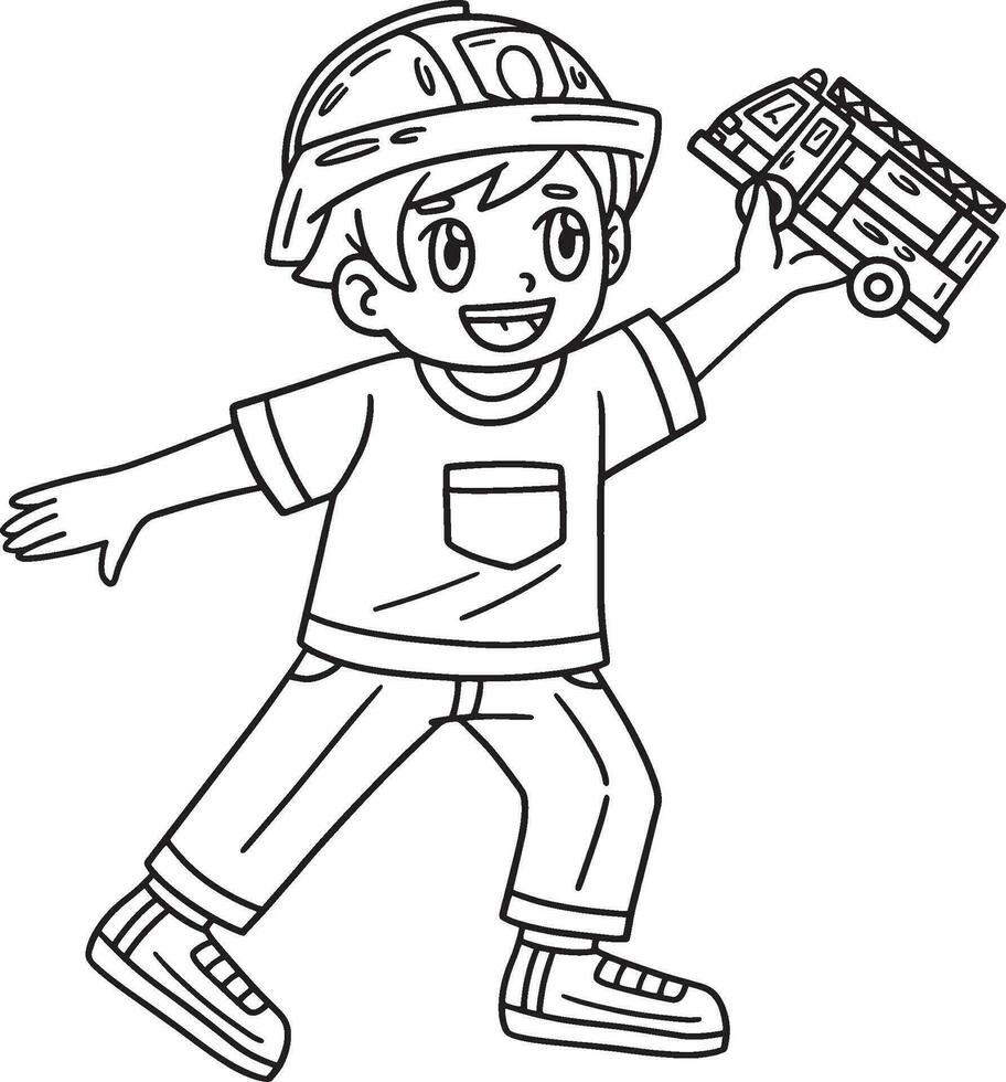 niño con bombero camión juguete aislado colorante vector