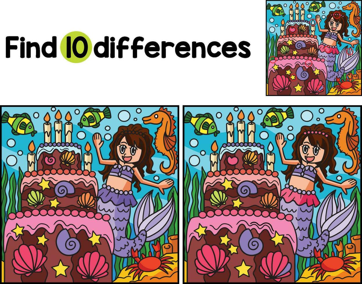 Mermaid And Birthday Cake Find The Differences vector