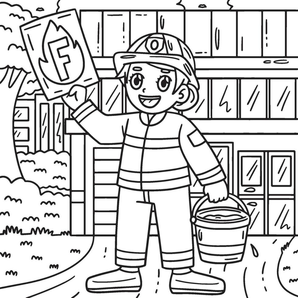 Firefighter with Letter F Coloring Page for Kids vector