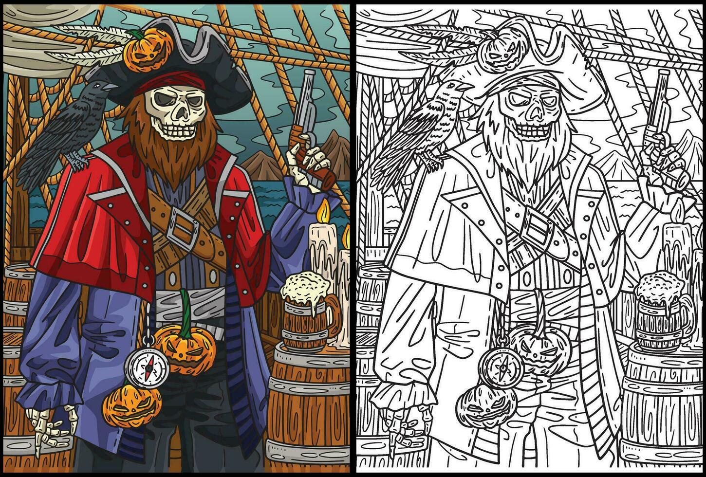 Víspera de Todos los Santos esqueleto pirata colorante ilustración vector