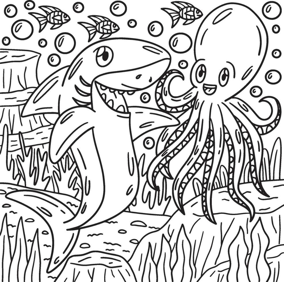 Shark and Octopus Coloring Page for Kids vector