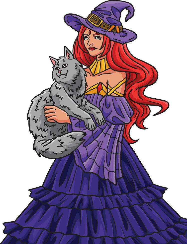 Halloween Witch with a Cat Cartoon Colored Clipart vector