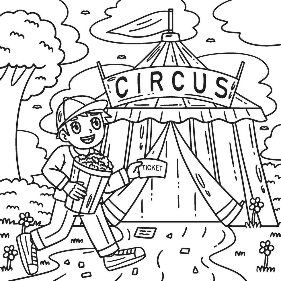 niño en frente de un circo tienda colorante página vector