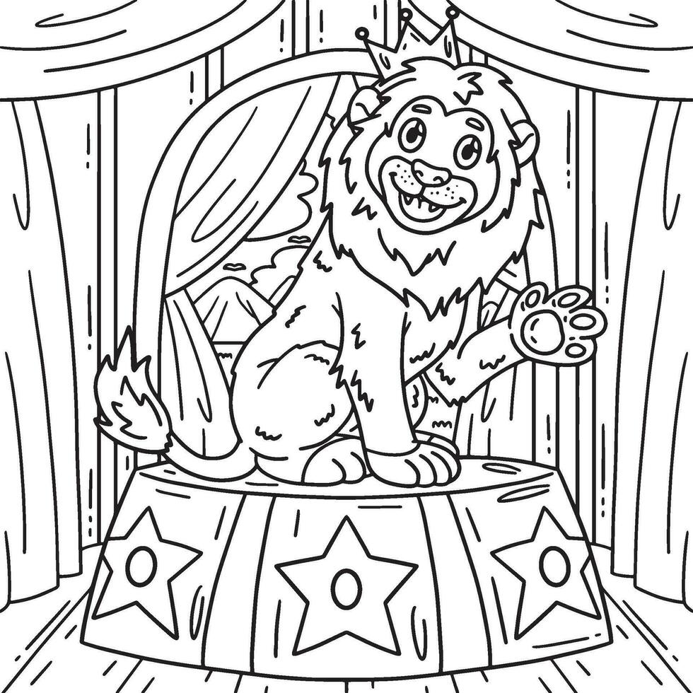 Lion on Circus Podium Coloring Page for Kids vector