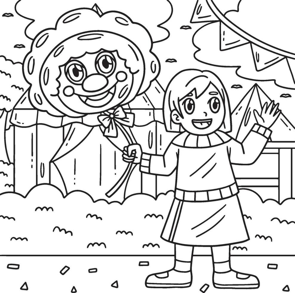 Circus Child with a Clown Balloon Coloring Page vector