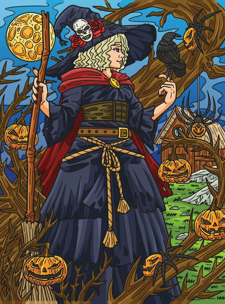 Halloween Witch and Broom Colored Cartoon vector