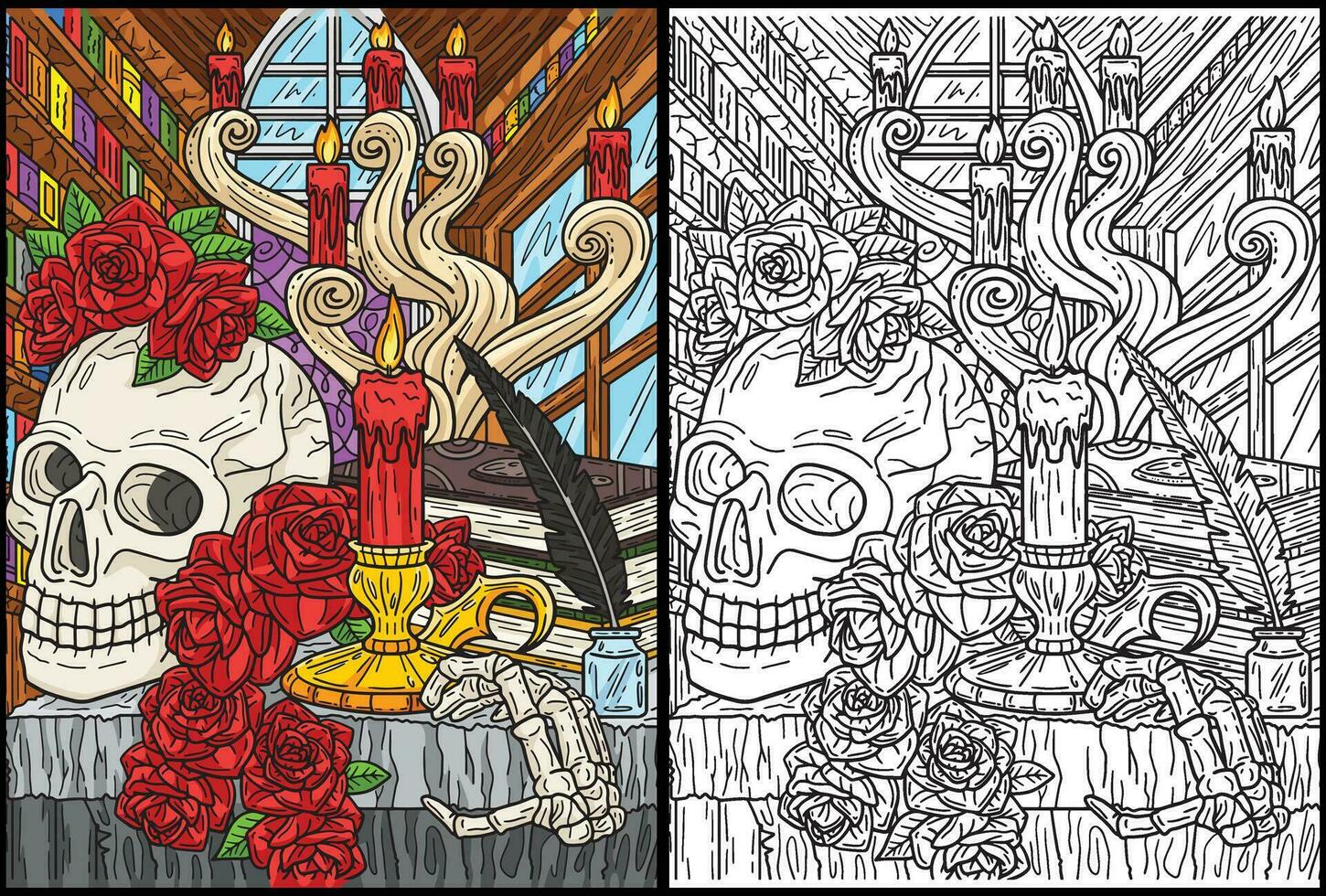 Víspera de Todos los Santos cráneo candelabro colorante ilustración vector