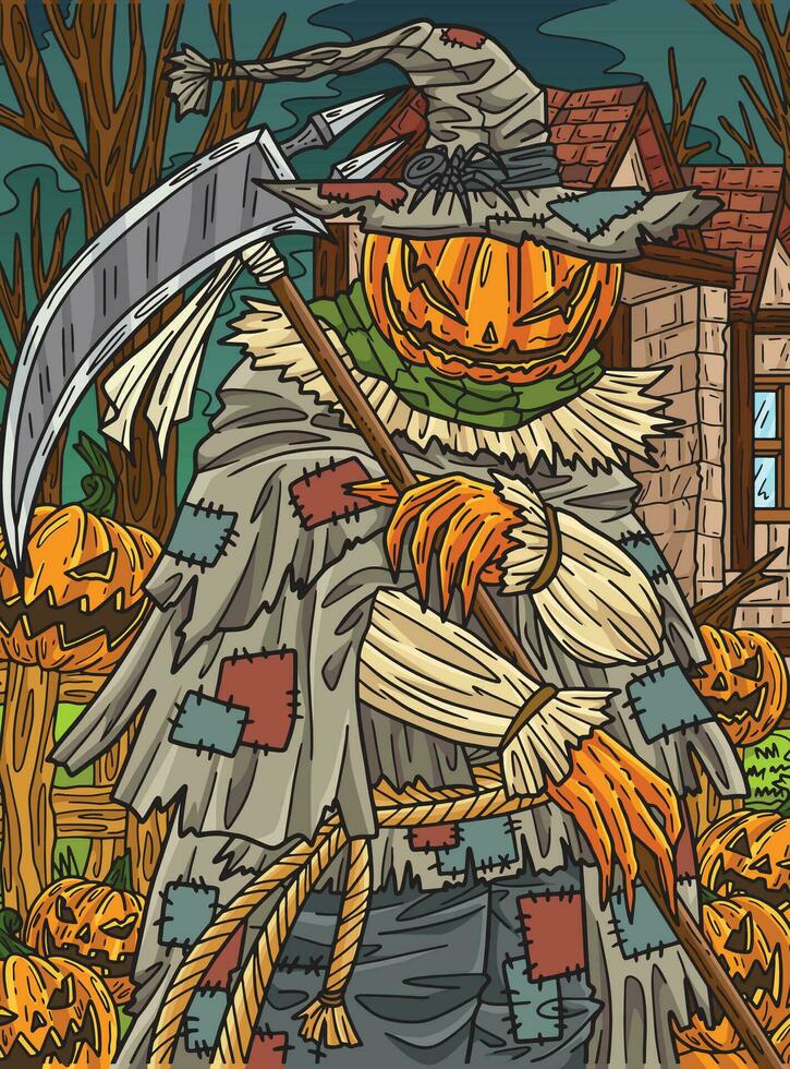 Halloween Scarecrow with a Scythe Colored Cartoon vector