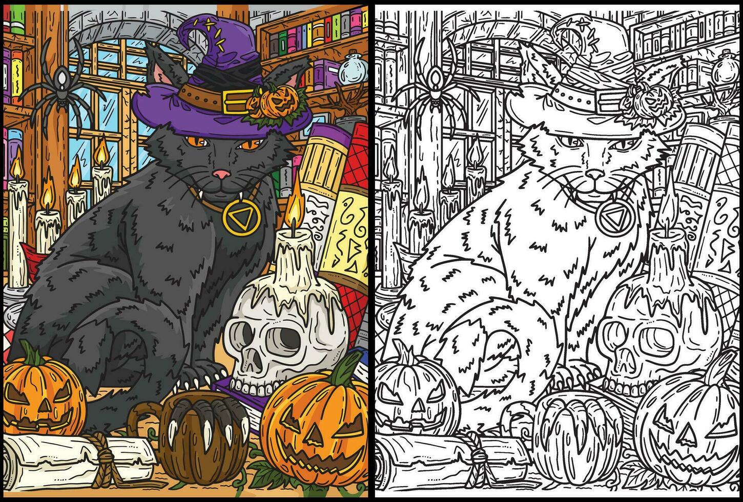 Halloween Cat with Hat Coloring Page Illustration vector