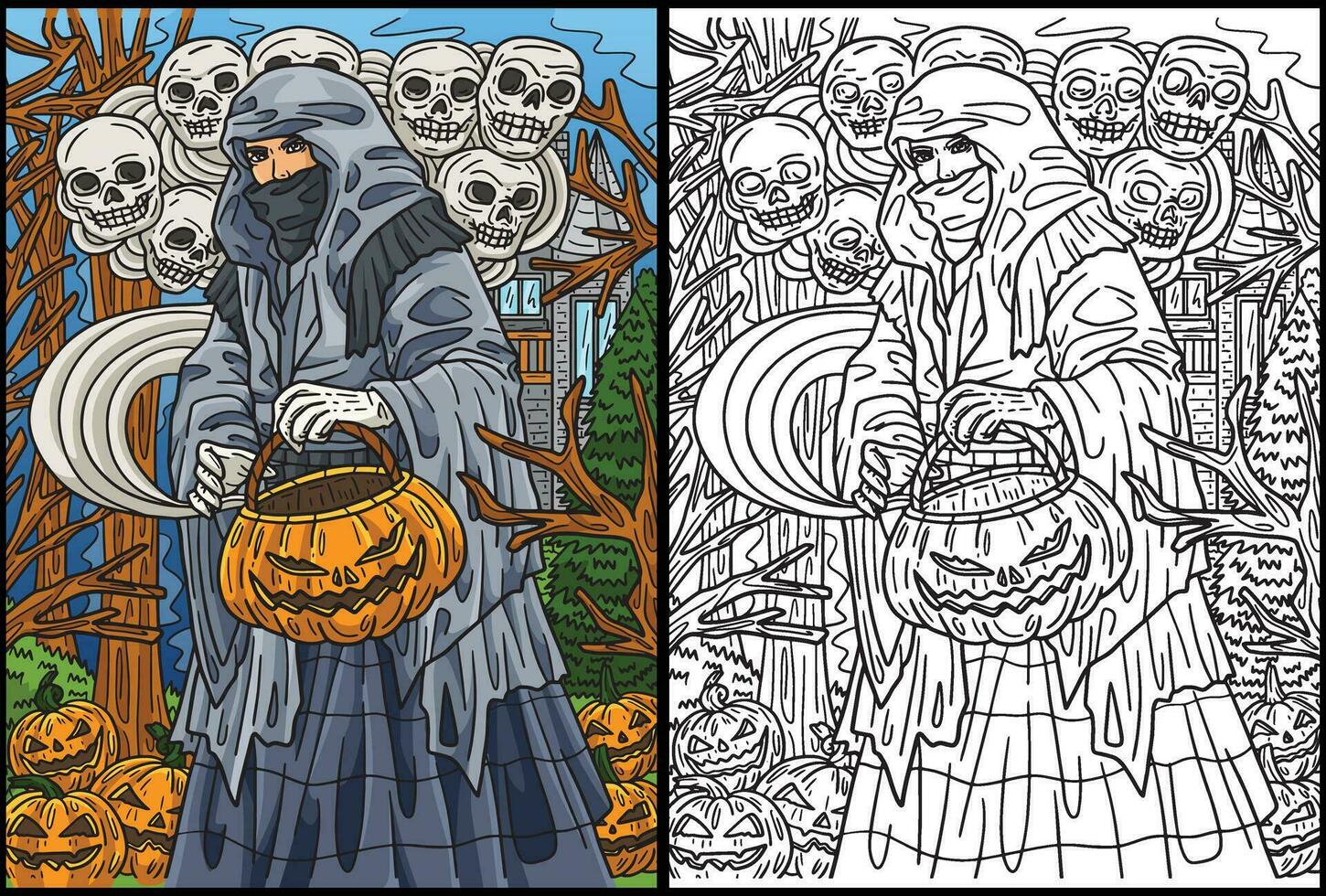 Halloween Hooded Traveler Coloring Illustration vector