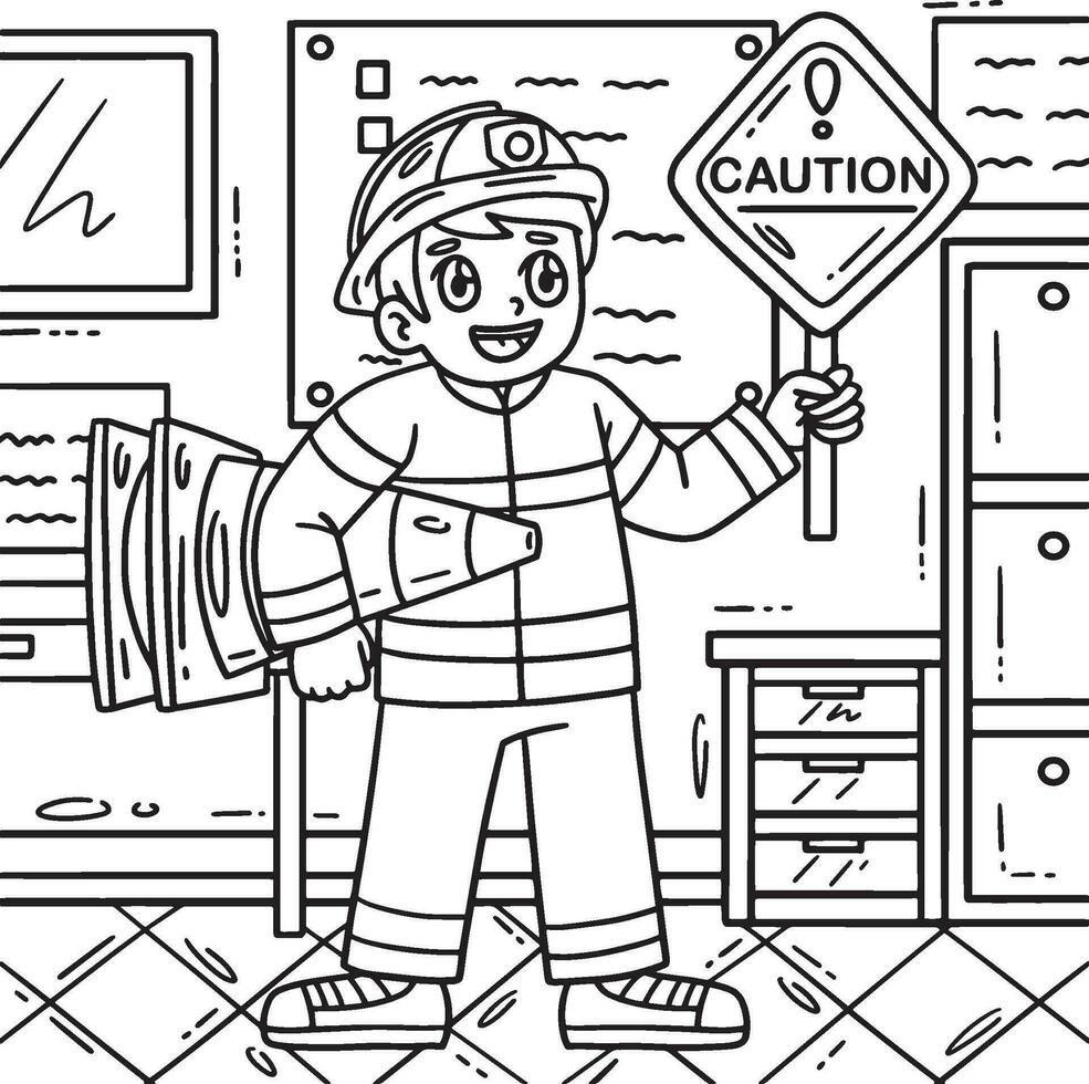 Firefighter with Safety Signs Coloring Page 34329077 Vector Art at Vecteezy