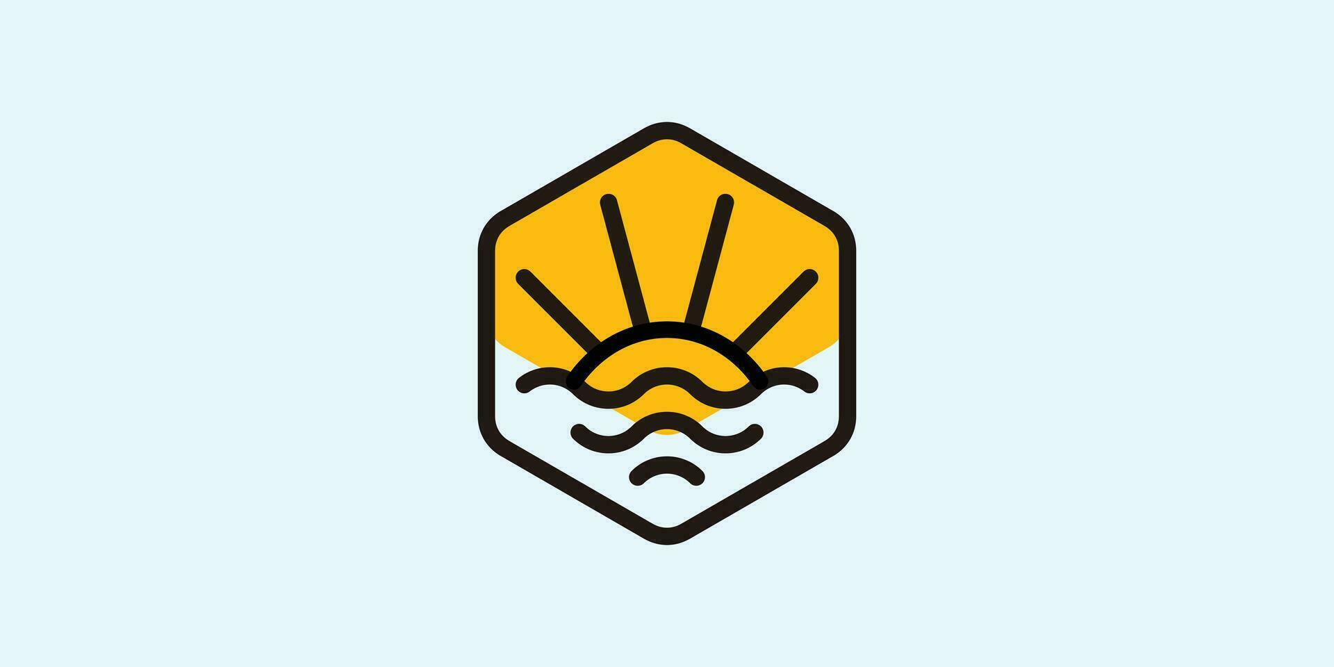 logo design for a sunset view at sea made in a hexagonal shape and in a minimalist style vector
