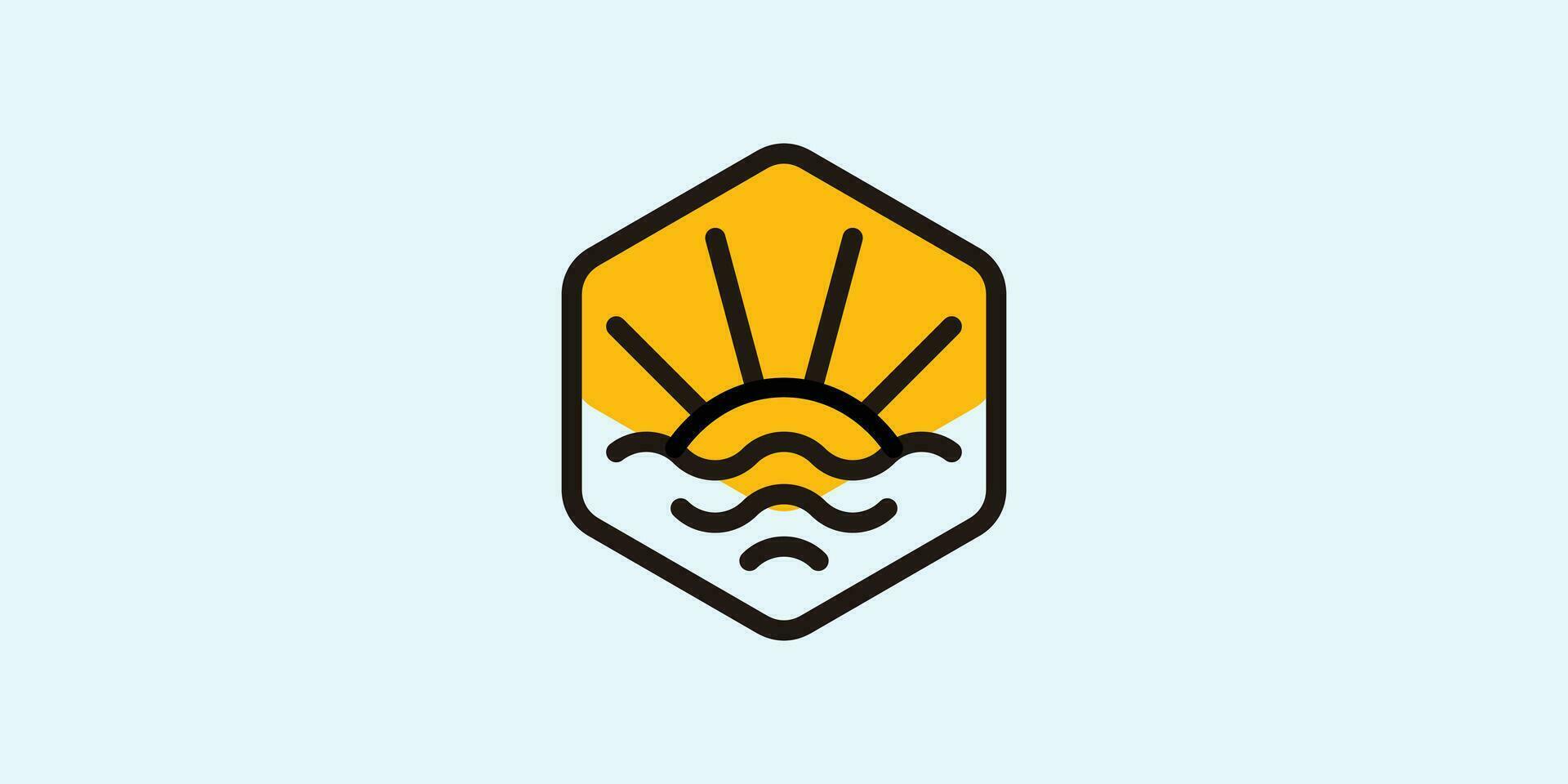 logo diseño para un puesta de sol ver a mar hecho en un hexagonal forma y en un minimalista estilo vector