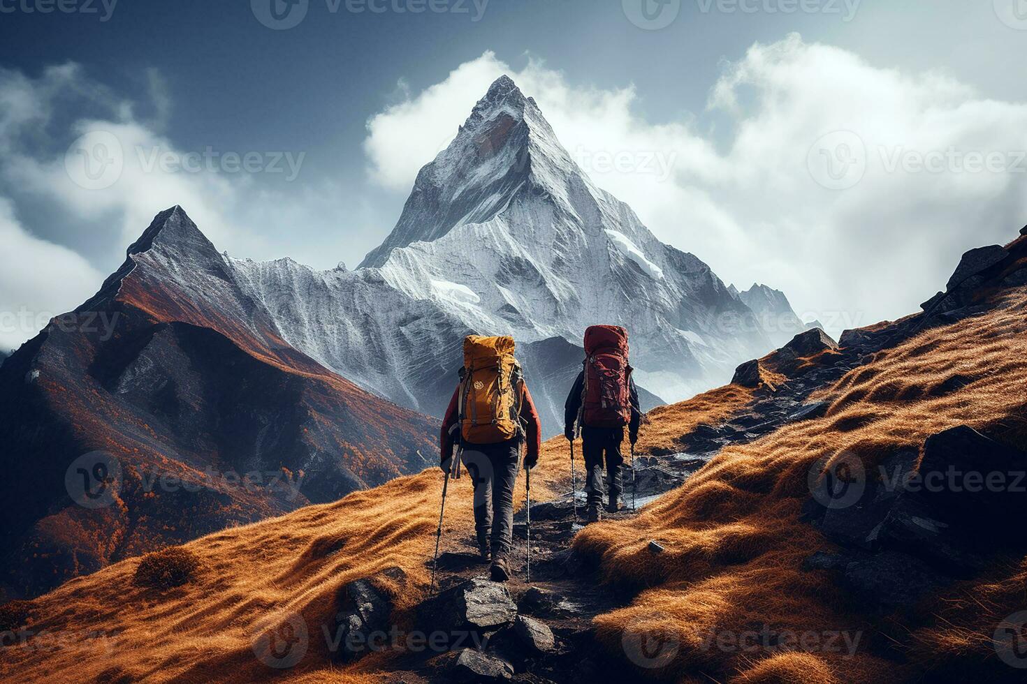 Photo low angle of hikers with backpacks walks in mountain. Group of hikers with backpacks are walking along mountain. Generative AI