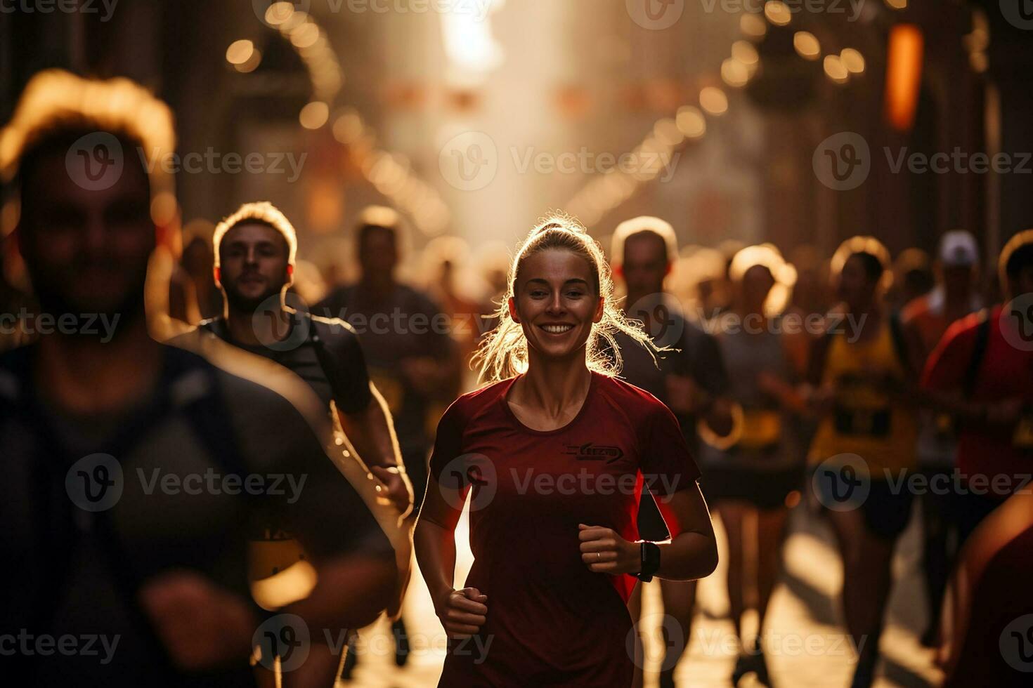 Many people are jogging in the town street. Group of people running outdoors during marathon event. Genertive AI photo