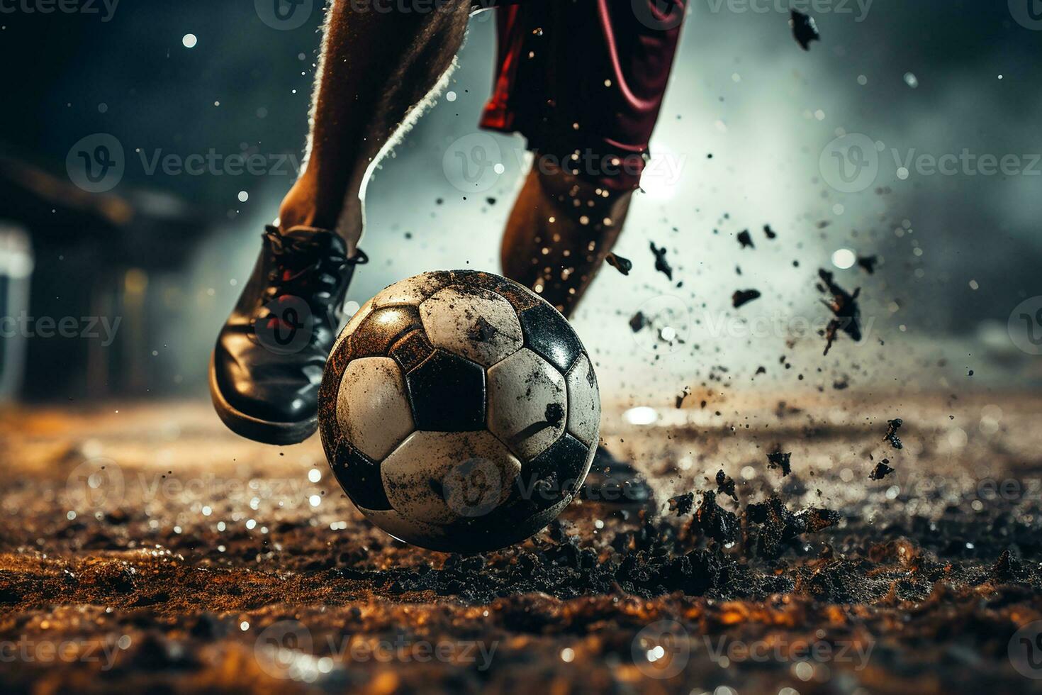 Photo close up of foot kicks the ball. Leg in boot playing football in a muddy field. Soccer kids player with ball. Generative AI