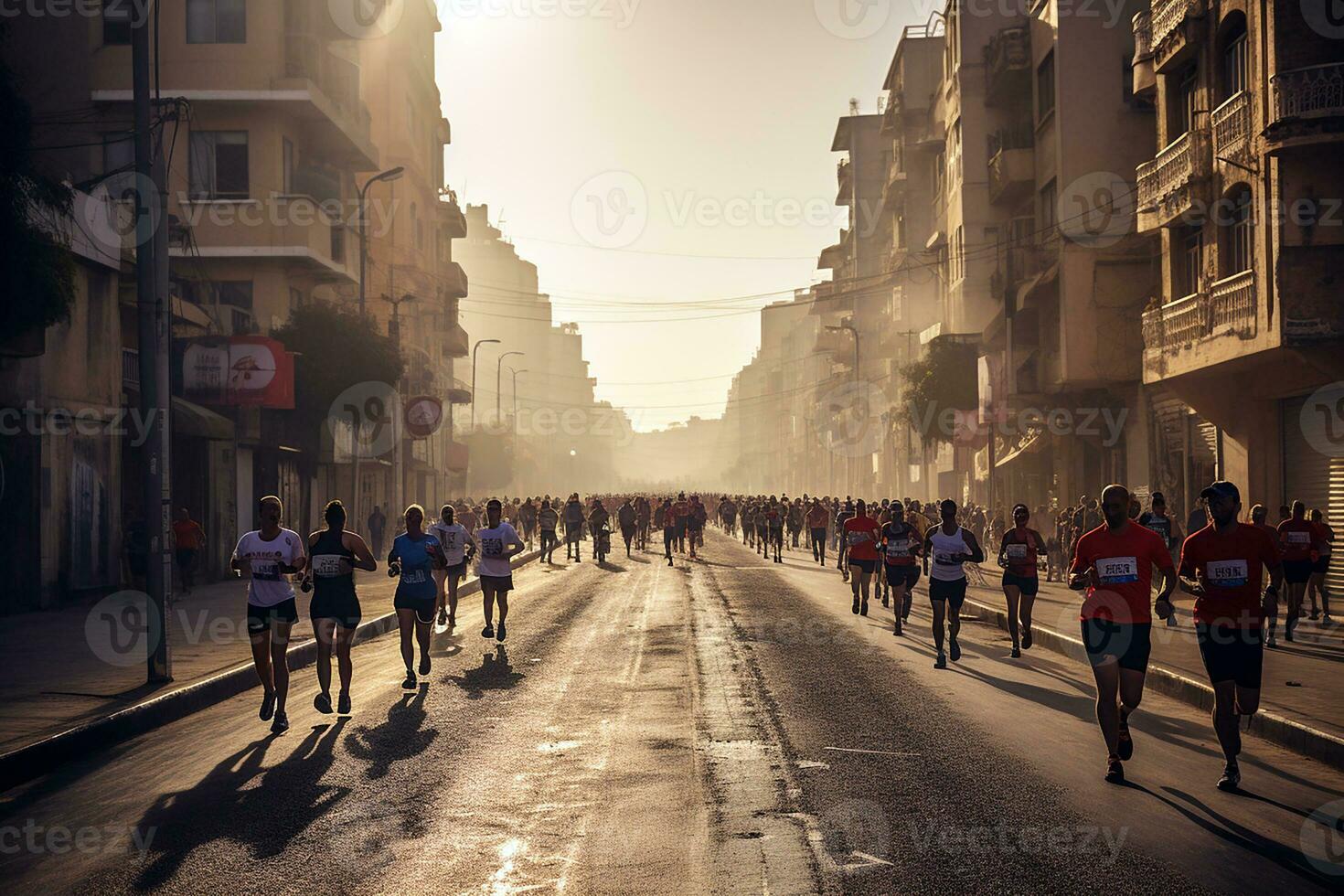Many people are jogging in the town street. Group of people running outdoors during marathon event. Genertive AI photo