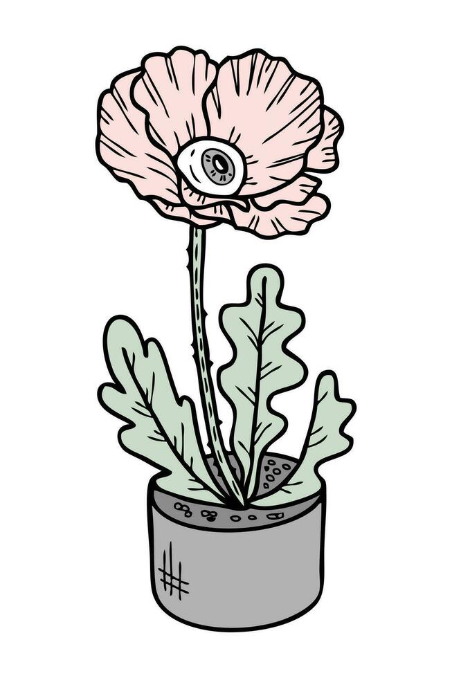 Big eyed doodle poppy flower plant in a flat pot. Magic print for tee, sticker, card, poster. vector