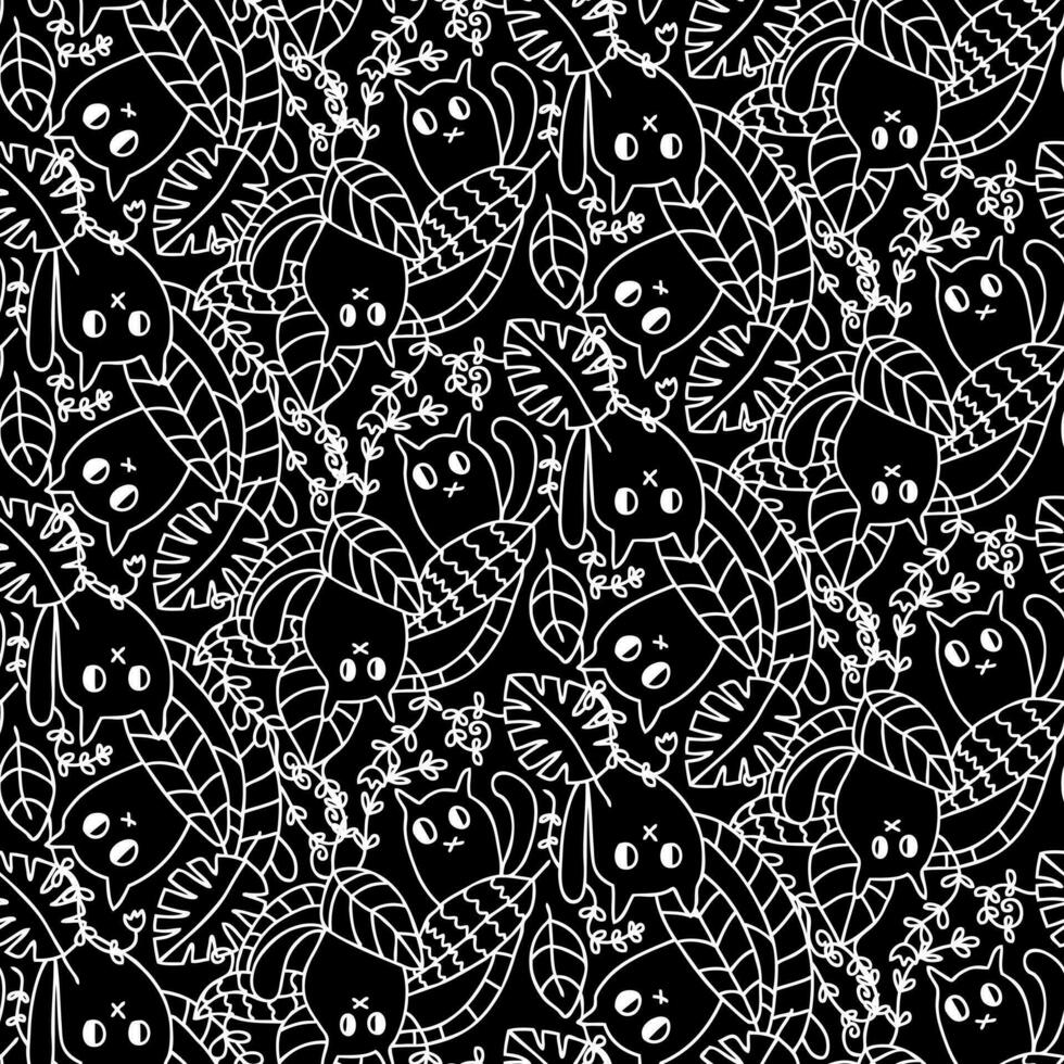 Monochrome seamless pattern with cute cats in the rainforest. Perfect print for tee, paper, textile and fabric. vector