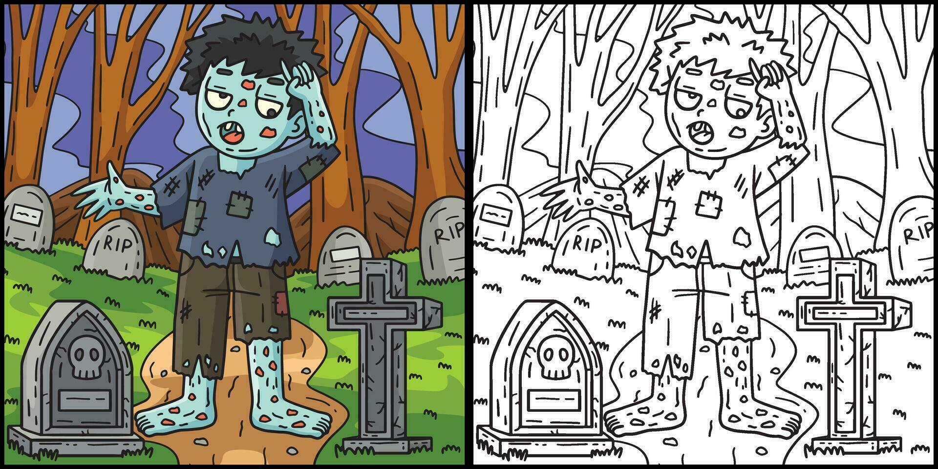 Zombie in a Cemetery Coloring Page Illustration vector