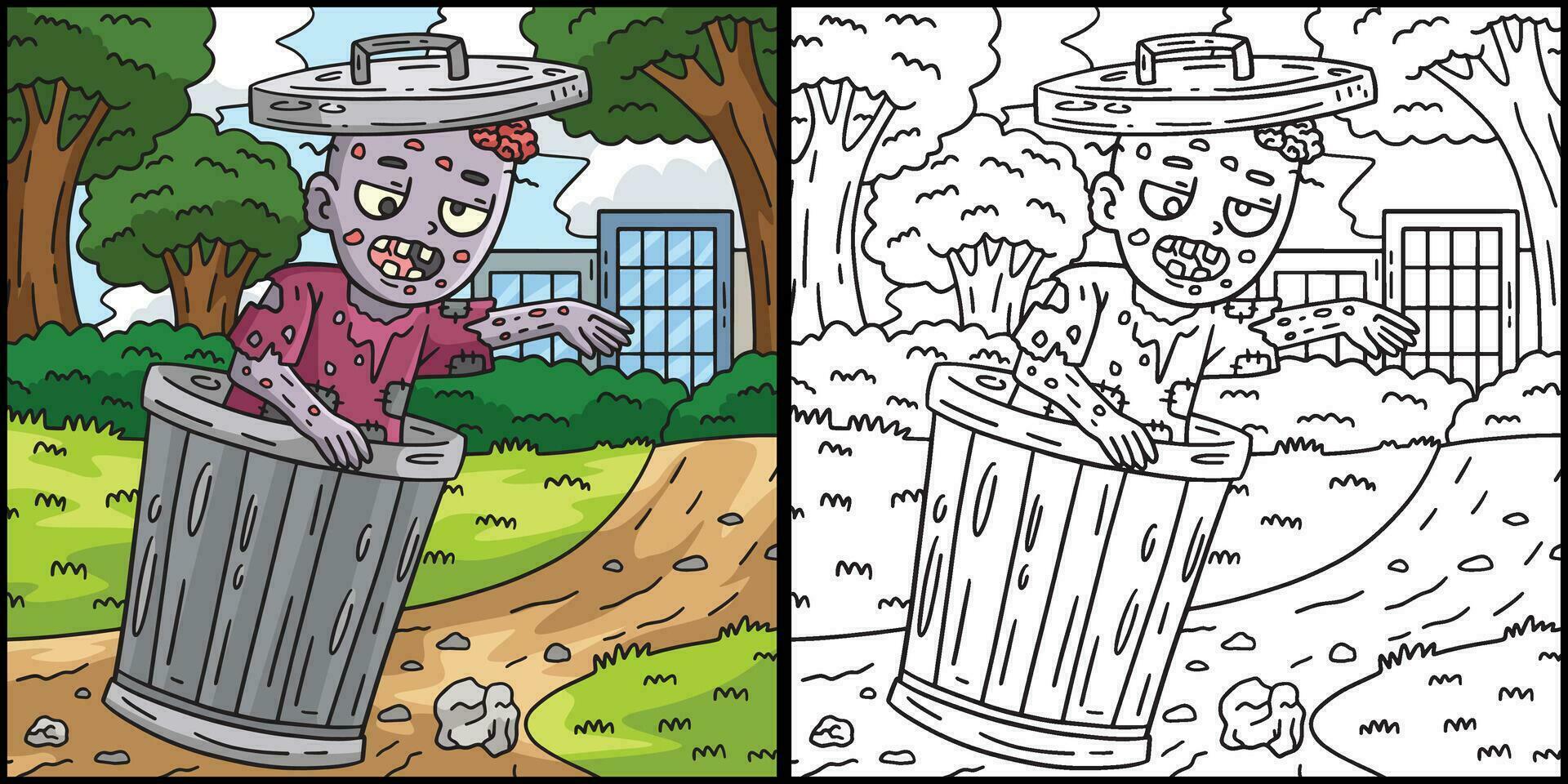 Trash Can Zombie Coloring Colored Illustration vector