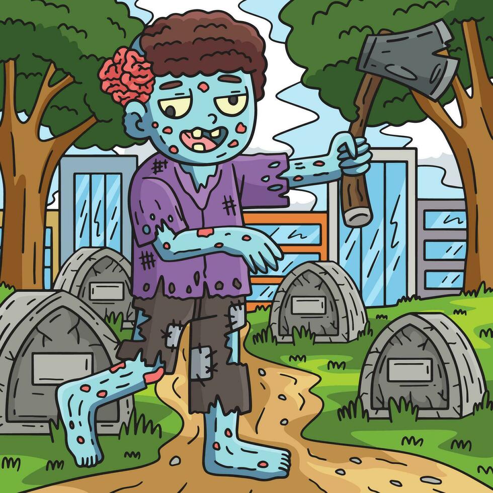 Zombie Holding an Ax Colored Cartoon Illustration vector