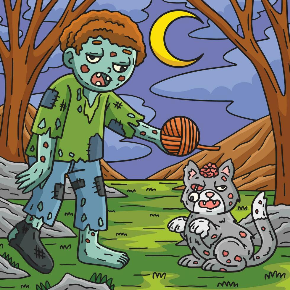 Zombie and Undead Cat Colored Cartoon Illustration vector