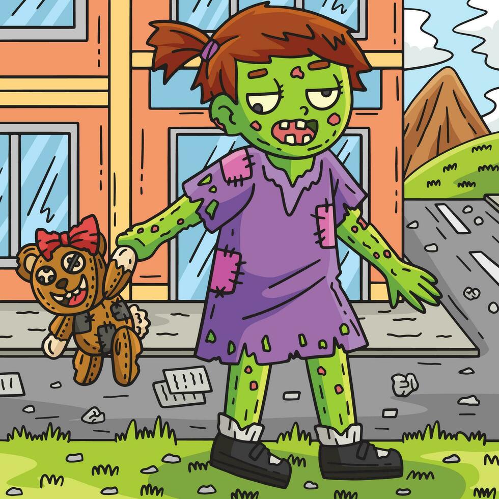 zombi niña con un peluche de colores dibujos animados vector