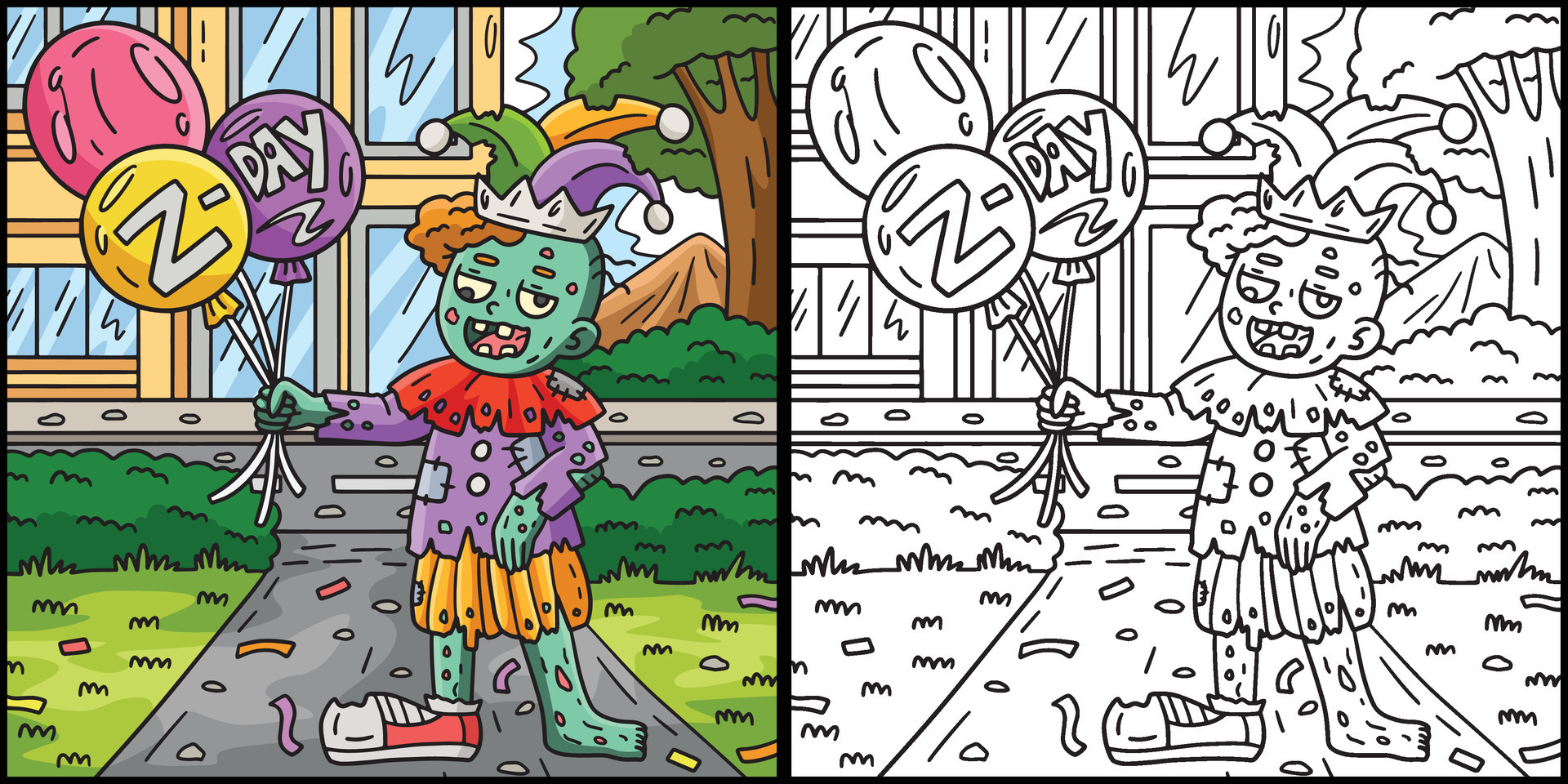 Zombie Clown with Balloons Coloring Illustration 34329182 Vector Art at