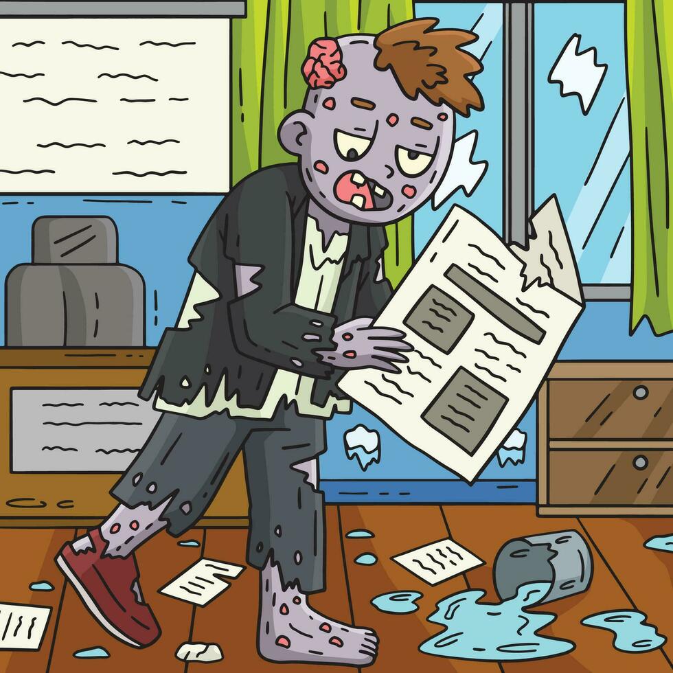 zombi con periódico de colores dibujos animados ilustración vector