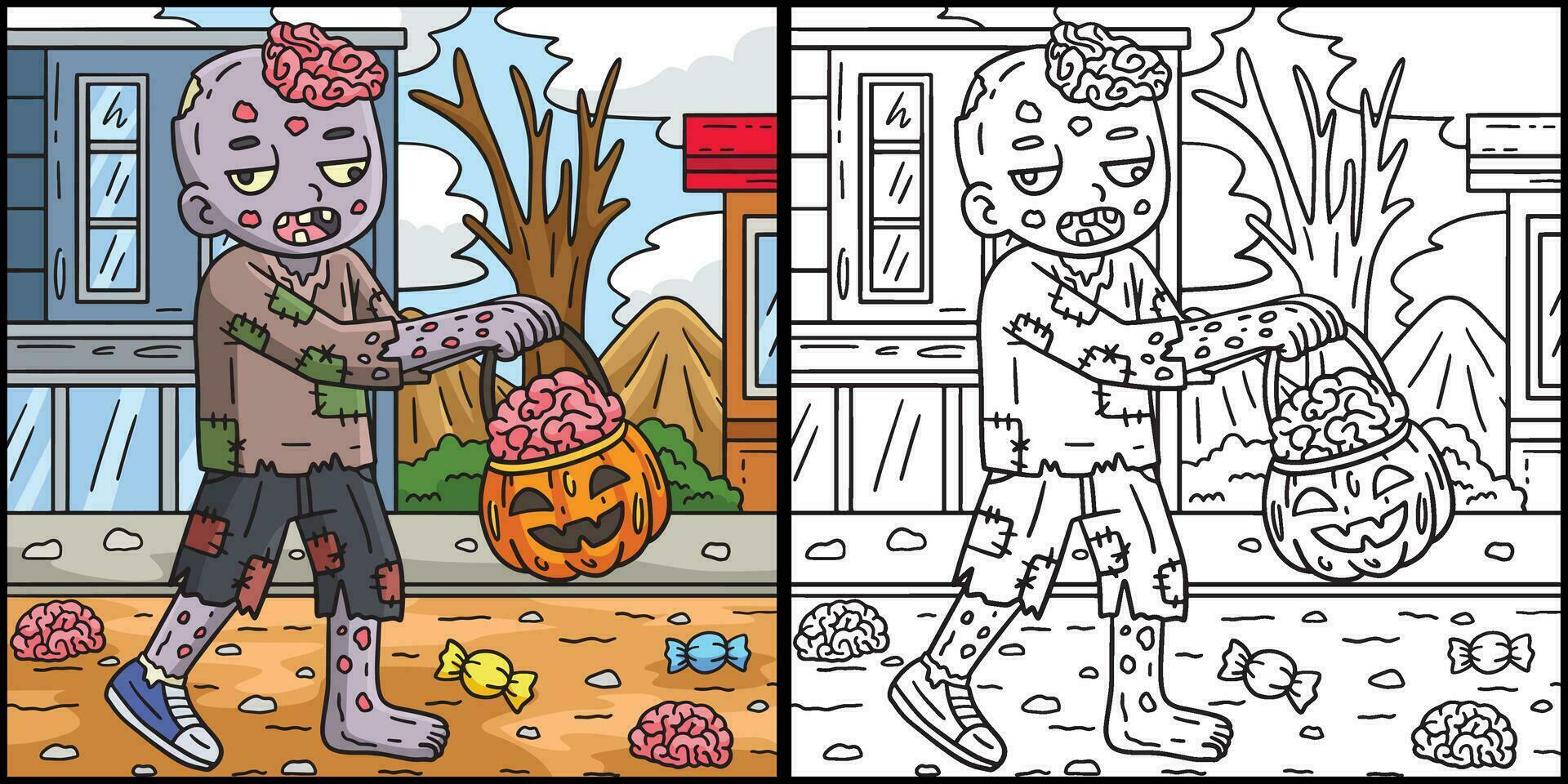 Zombie with Halloween Basket Coloring Illustration vector
