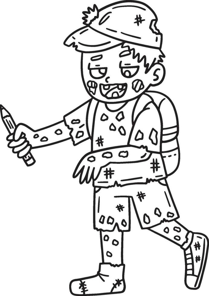 Zombie with a School Bag and Hat Isolated Coloring vector