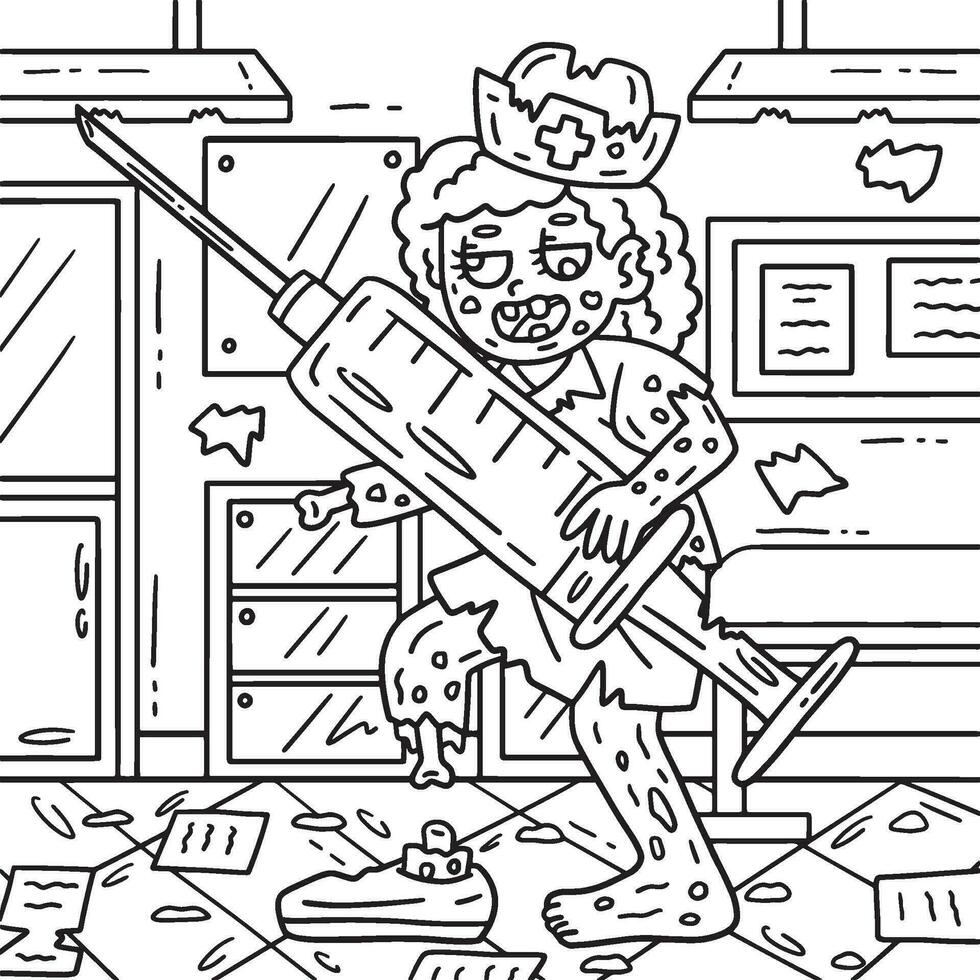 Zombie Nurse with Syringe Coloring Pages for Kids vector