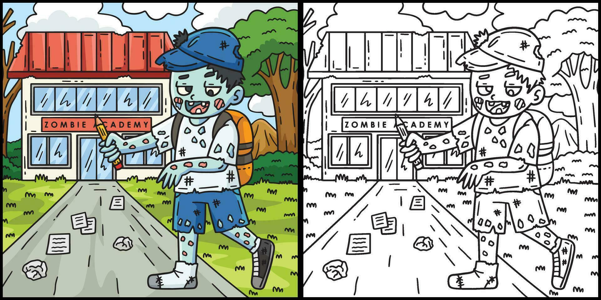 zombi con colegio bolso y sombrero ilustración vector
