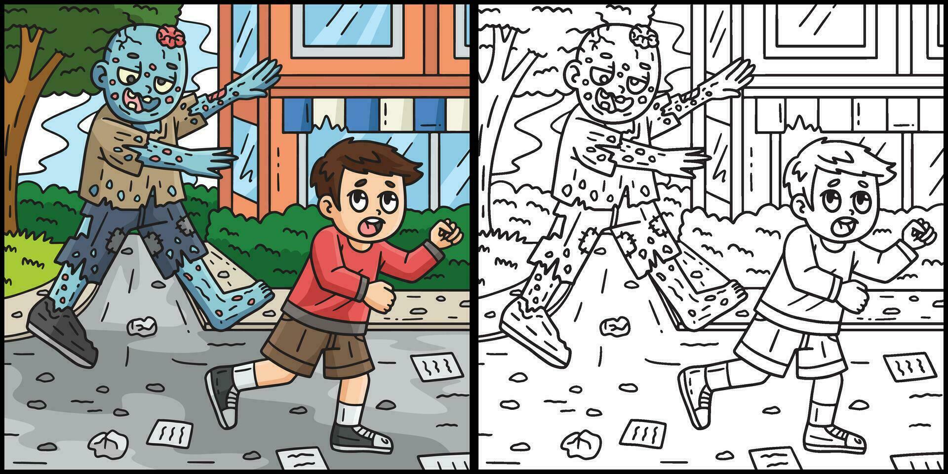 Zombie Chasing A Child Coloring Page Illustration vector