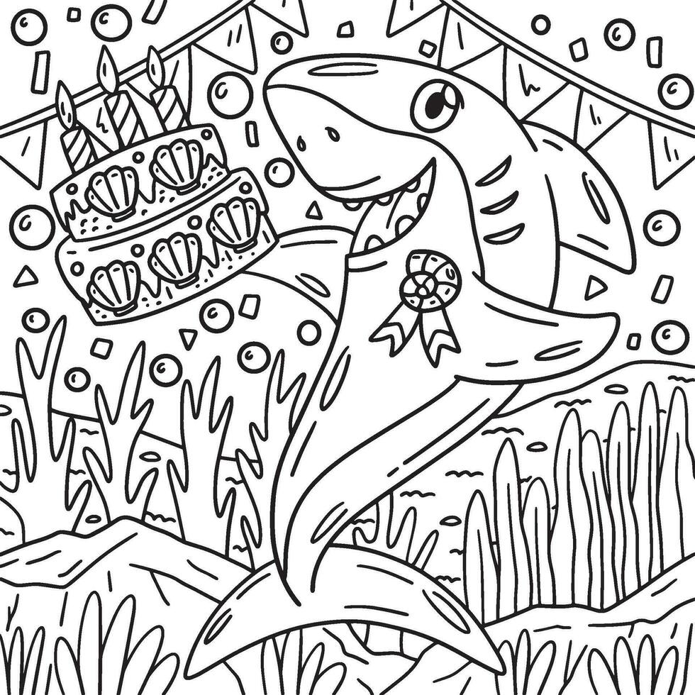 Shark with Birthday Cake Coloring Page for Kids vector