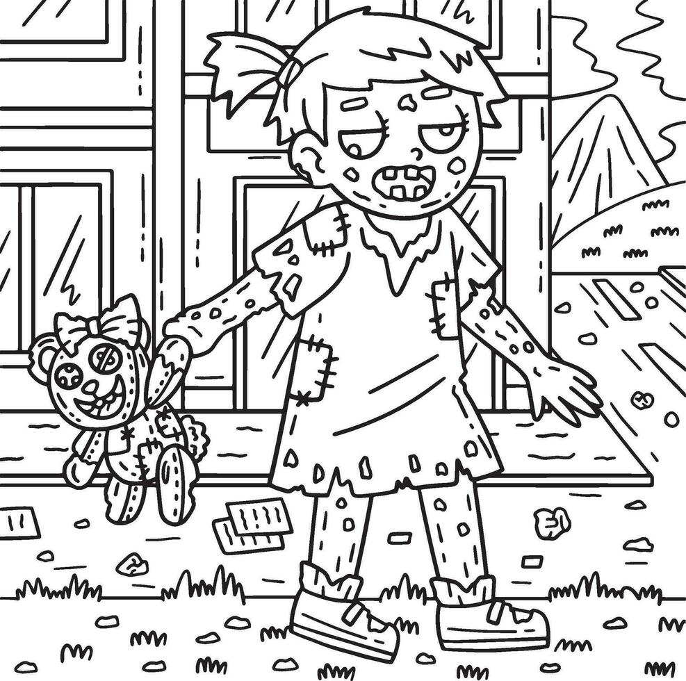 Zombie Girl with Plushie Coloring Pages for Kids vector