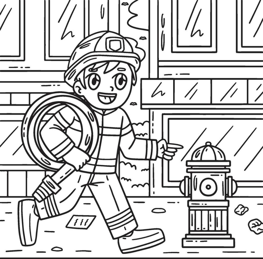 Firefighter and Fire Hydrant Coloring Page vector