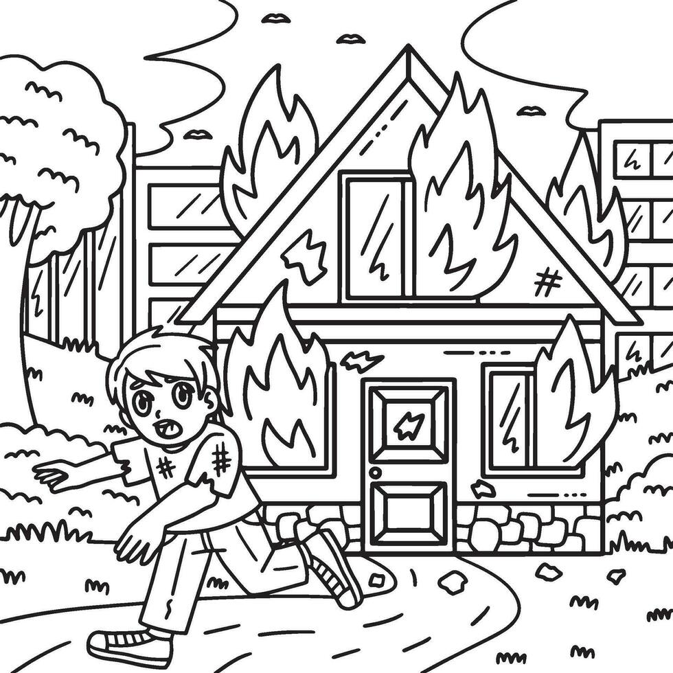 Firefighter Civilian with Burning House Coloring vector