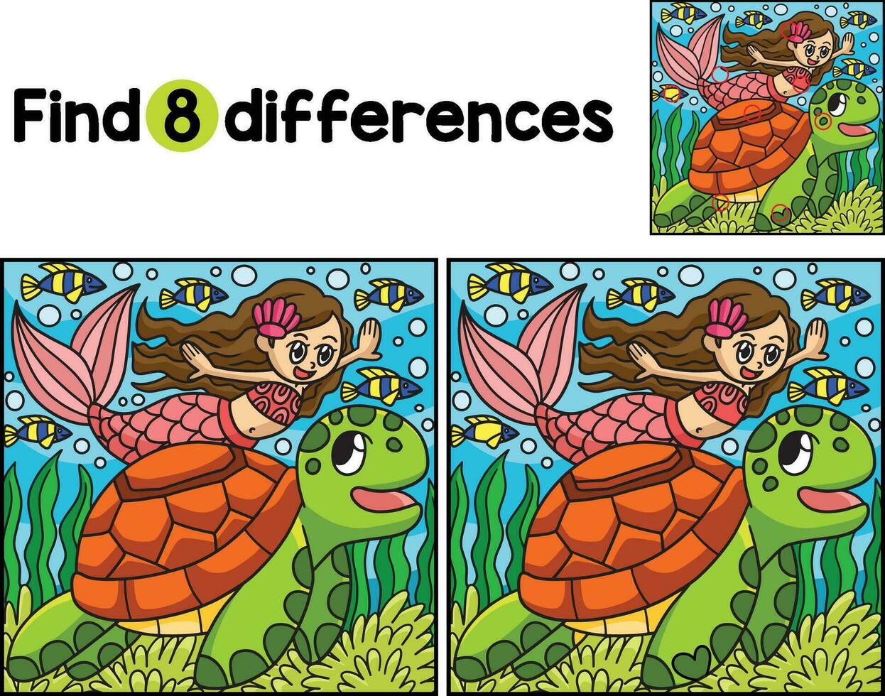 Mermaid And Turtle Find The Differences vector