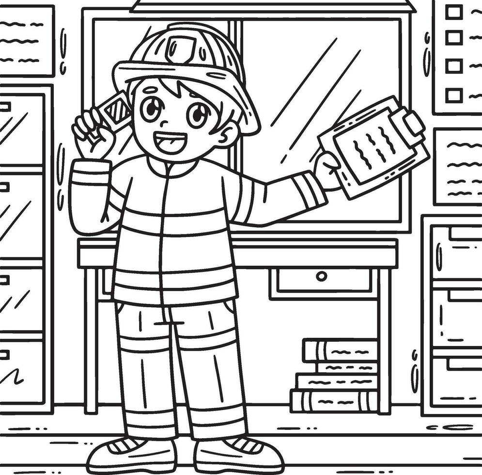 Firefighter Receiving Call Coloring Page for Kids vector
