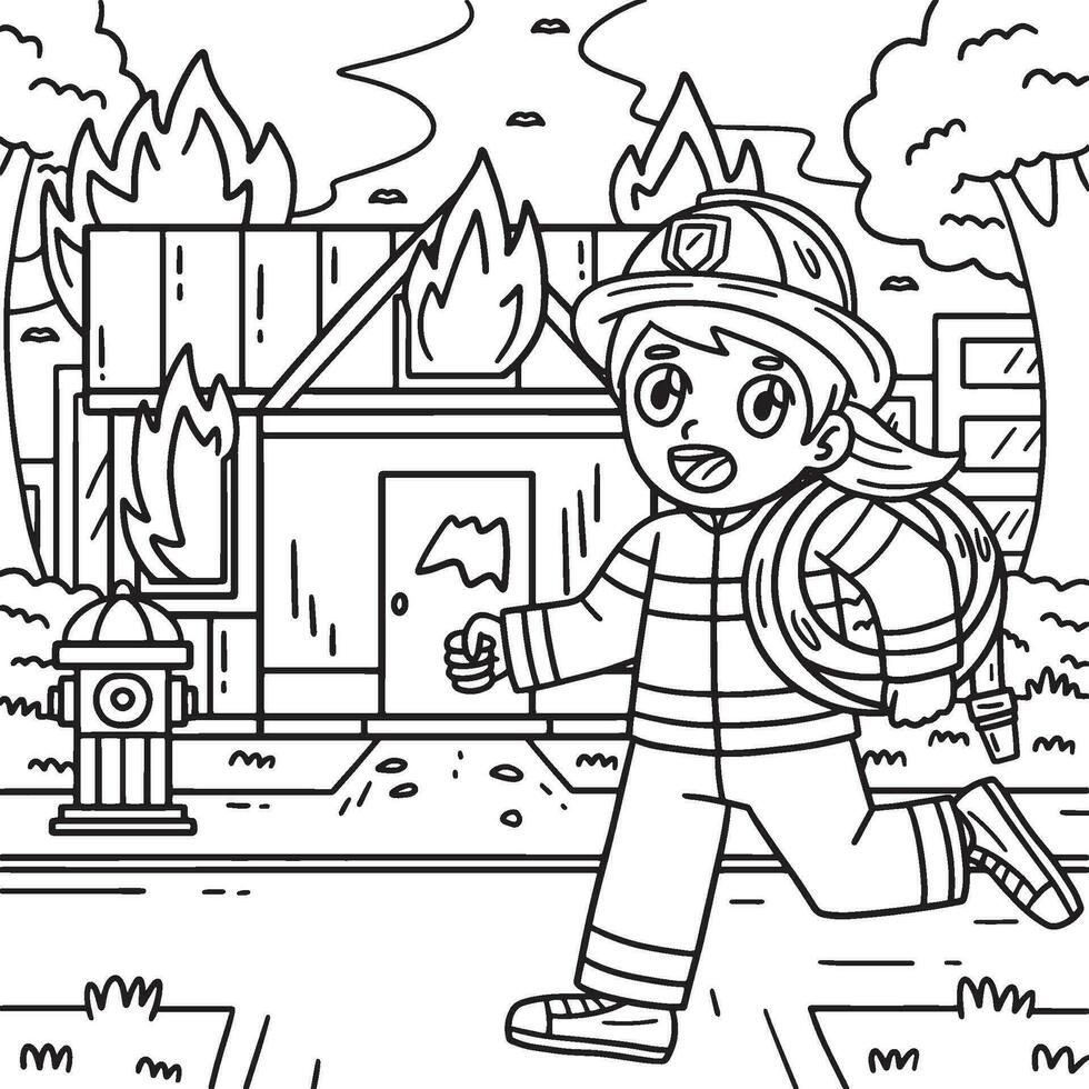 bombero y edificio en fuego colorante página vector