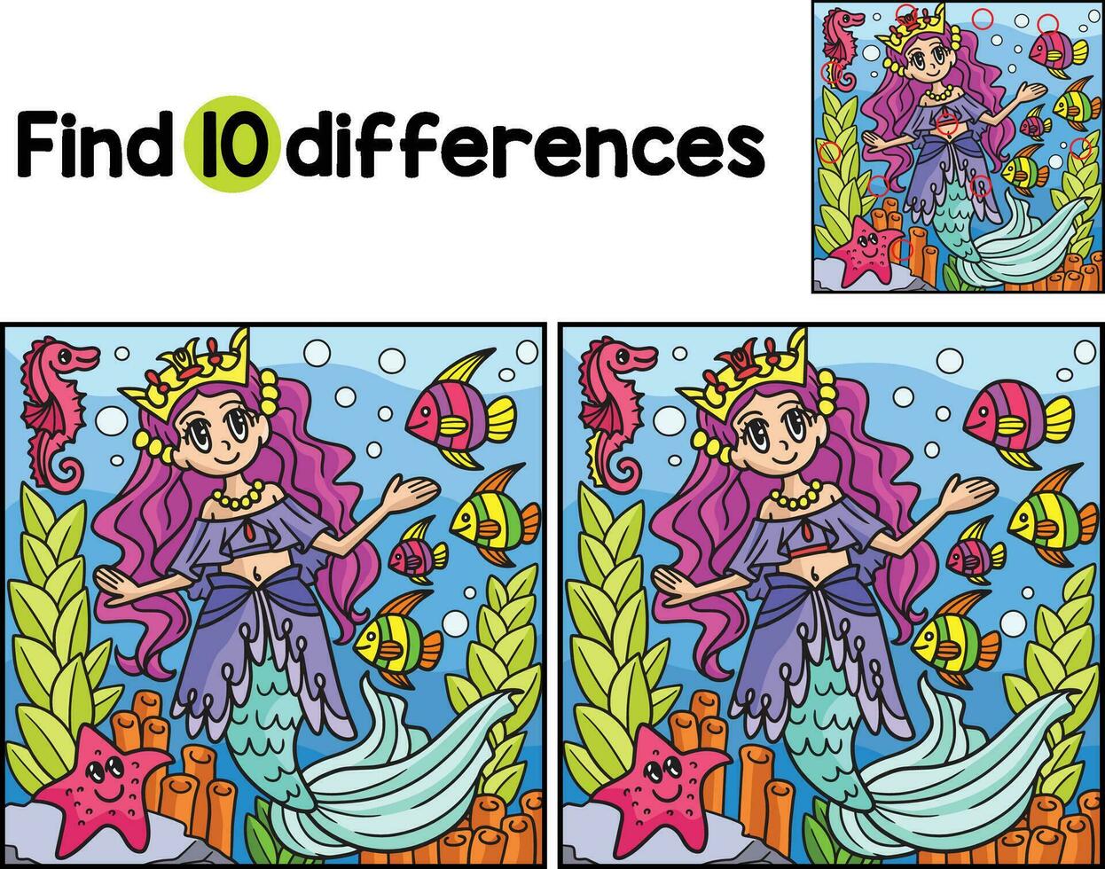 Mermaid Princess Find The Differences vector